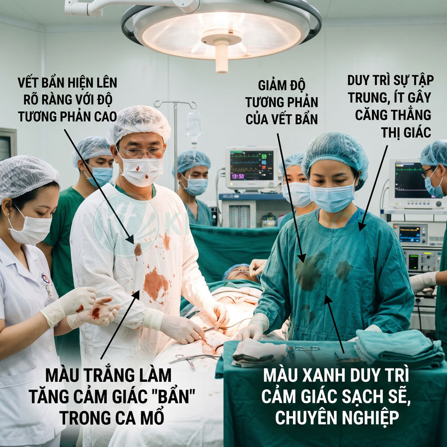 Ê kíp bác sĩ phẫu thuật trong phòng mổ, so sánh áo blouse trắng dính máu với đồ phẫu thuật màu xanh sạch sẽ